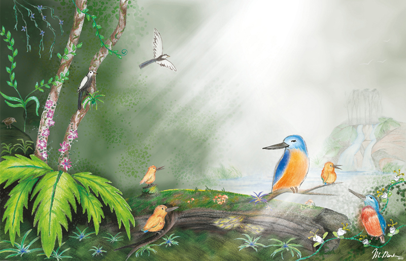 la famille illustration traditionelle pour le livre Sunny Kingfisher