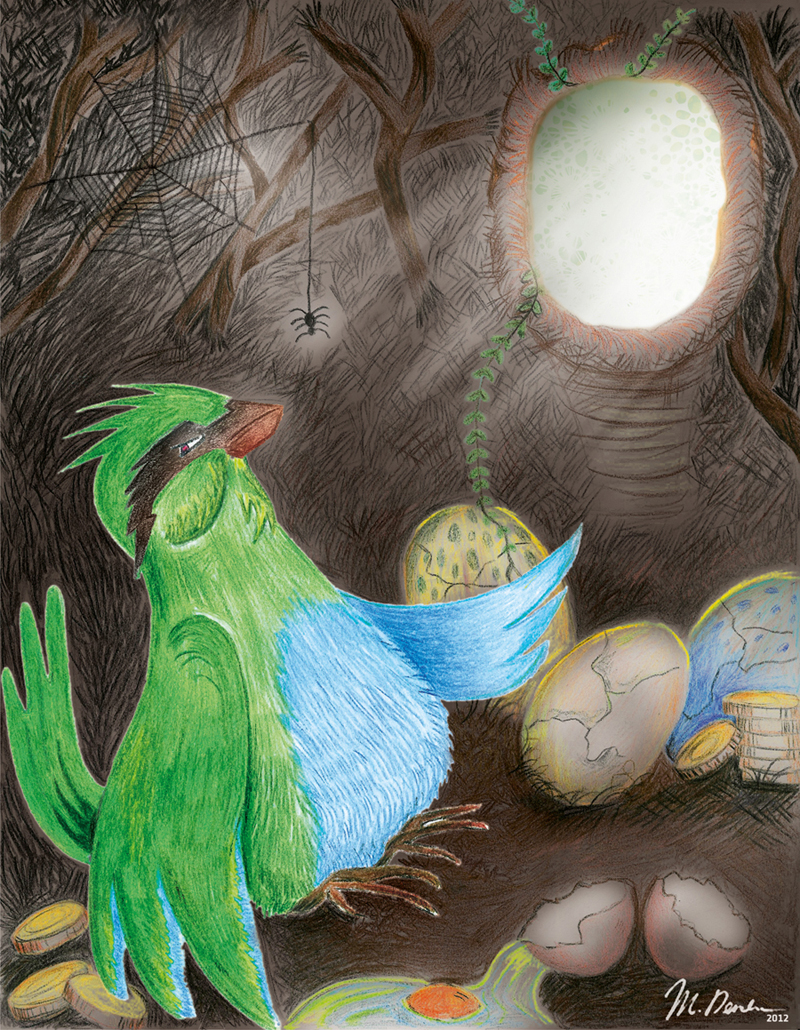 l'oiseau mechant illustration traditionelle pour le livre Sunny Kingfisher