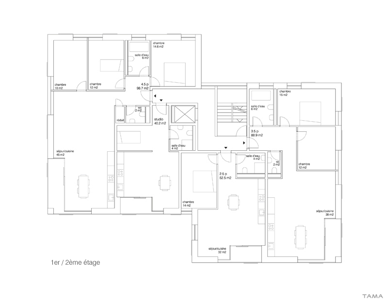 plan 1er / 2ème étage logements Les Monnaires Château-d'Oex